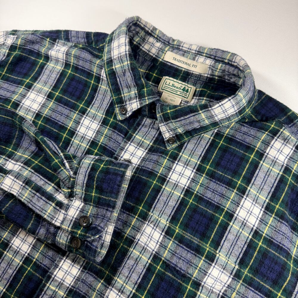 LL Bean Scotch Plaid Flannel Shirt Mens XL Green Blue Tartan Traditional Fit